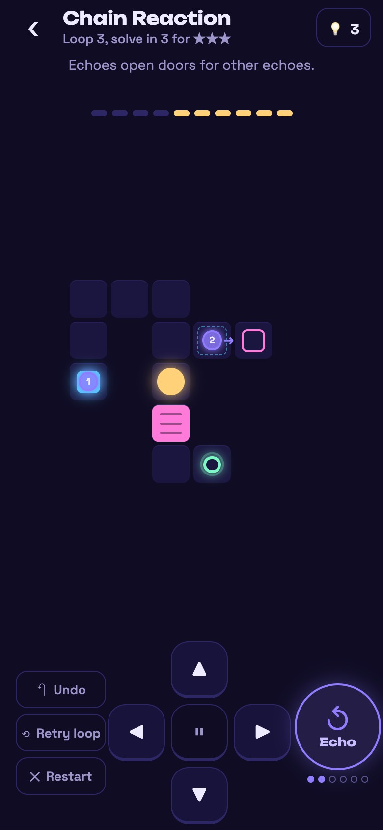 Chain Reaction, a First Echo room with blue and pink plates and two echoes.