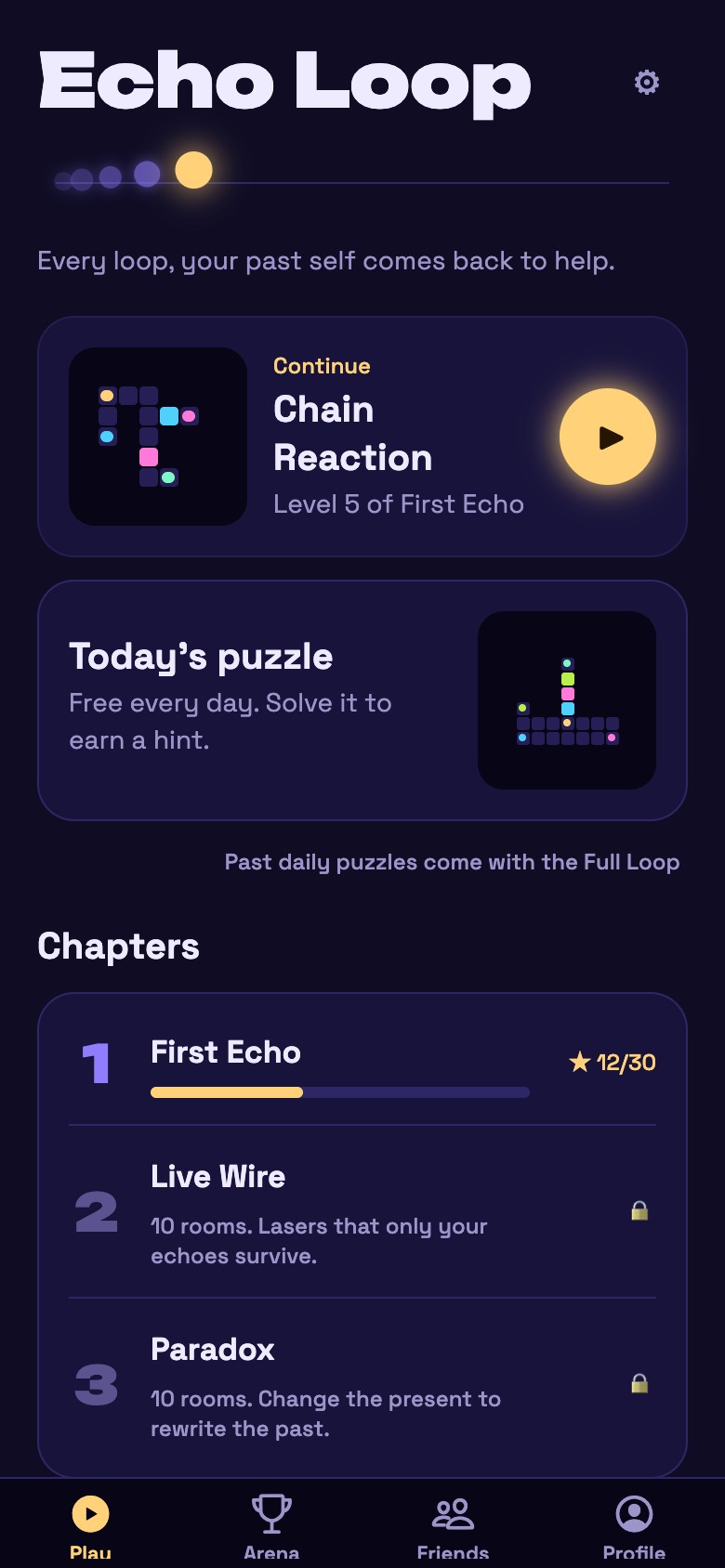 Echo Loop home screen with a daily puzzle, chapter progress and today's challenge.