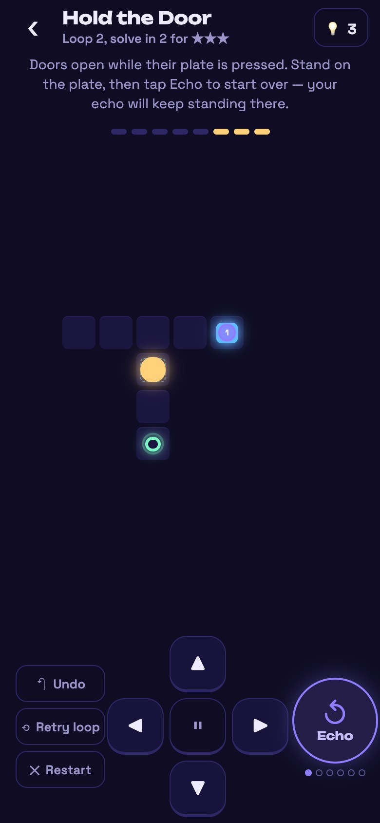 Real Echo Loop gameplay: a violet echo holds a blue plate while the gold player walks through its open door.
